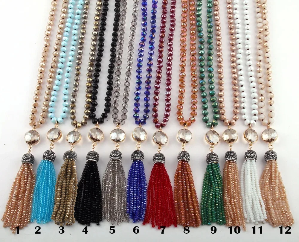 Fashion Bohemian Tribal Jewelry Long Glass Knotted Crystal Link Tassel Necklaces Women Ethnic Necklace