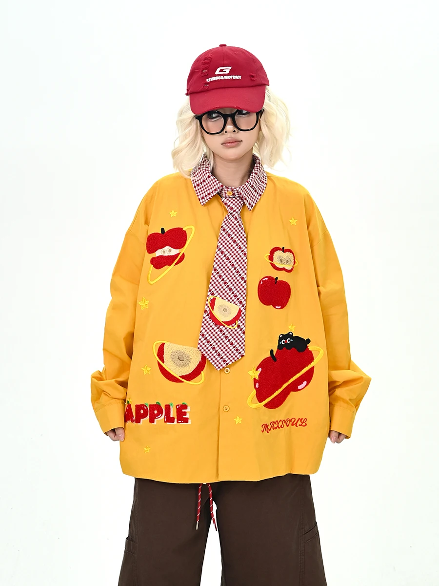 

Желтый свободный топ с вышивкой Long Sve irt, женский модный осенний новый топ BF College Sle, удобный хлопковый топ