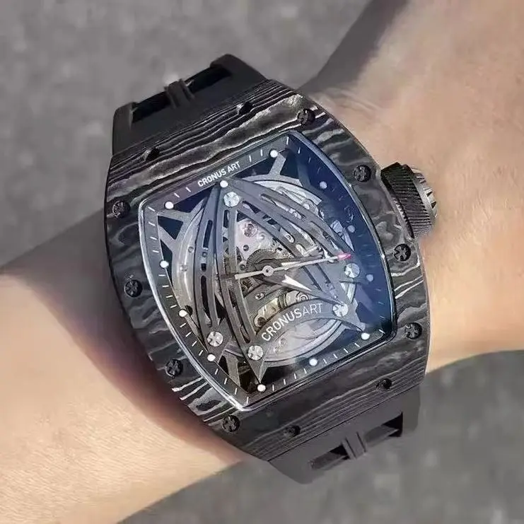 CRONUSART Men Automatic Watch 44mm Tonneau  Mechanical Wristwatch Carbon Fiber Case Sapphire Mirror Luminous Apollo Dial SW200