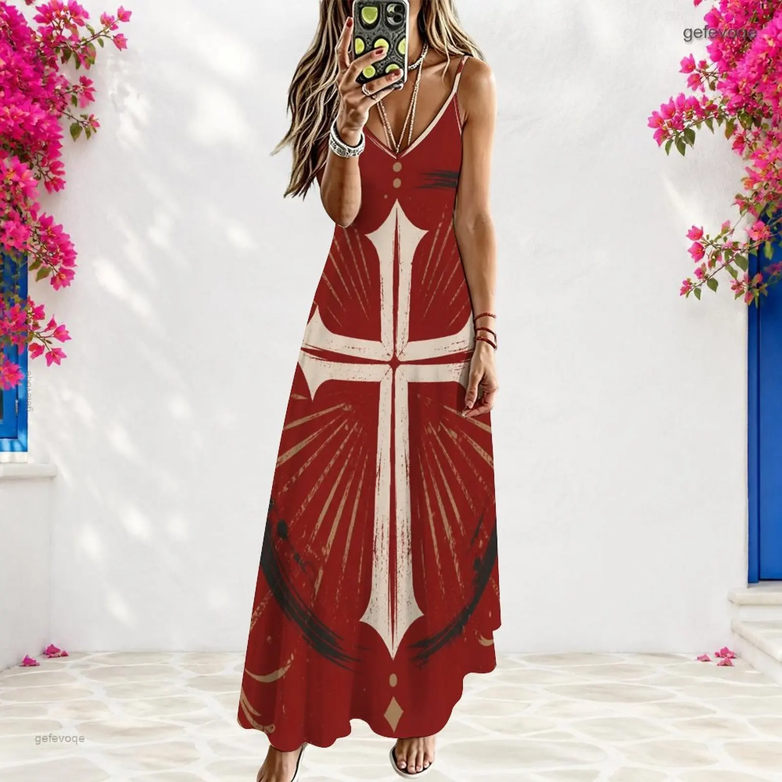 Women V Neck Sleeveless Spaghetti Strap Long Dress, Printed Abstract Brush Cross Pattern
