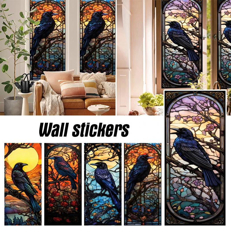 

Stained Halloween Crow Colored Glass Film Electrostatic PVC Privacy Window Film Party Window Decor Window Stickers