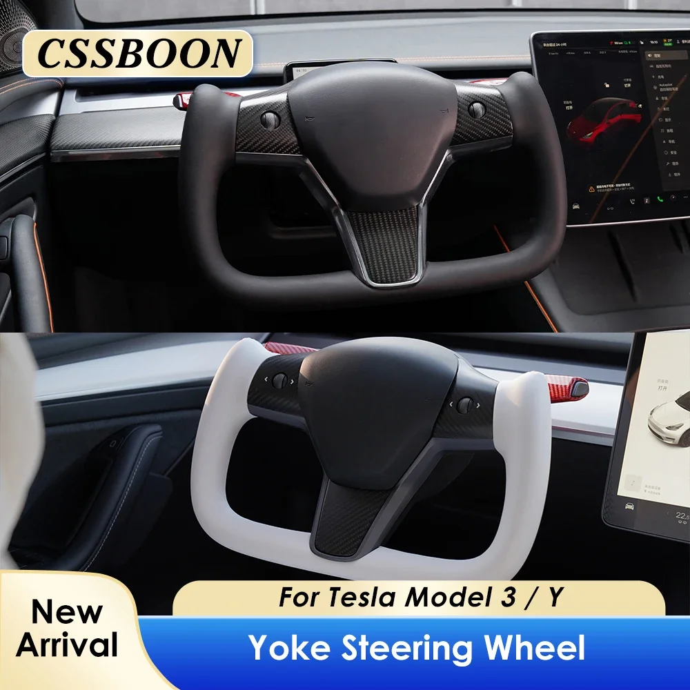 Volante de yugo de diseño de 350mm para Tesla Model 3 Model Y mango de yugo de cuero de napa con opción de fibra de carbono lateral calefactora