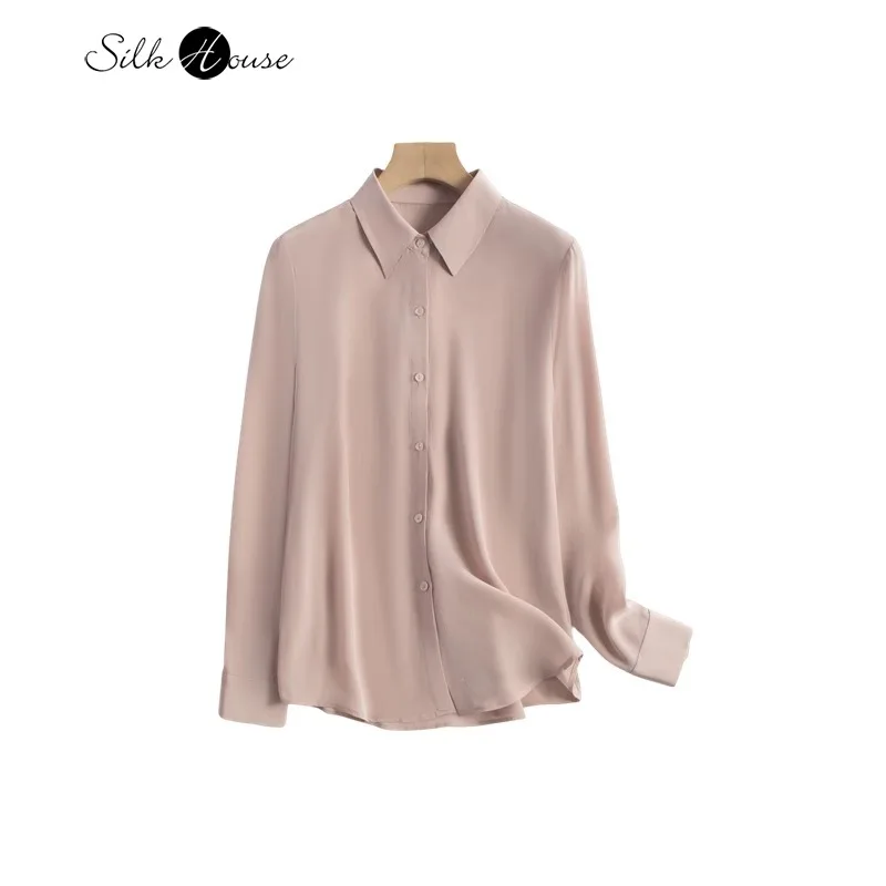 

2024 Early Autumn New 100% Natural Mulberry Silk Crepe De Chine Grey Pink OL Style Versatile Casual Women's Long Sleeve Shirt