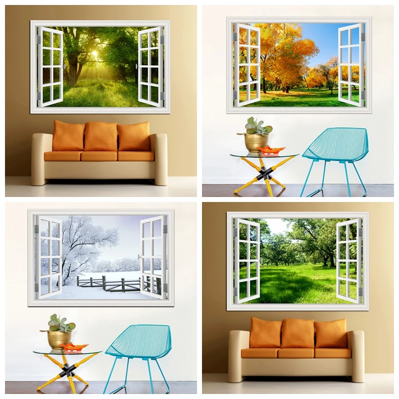 3D Window Wall Decal Decorative Sticker Forest Nature Landscape Poster Green Tree Forest Removable Vinyl Paper Kitchen Stickers