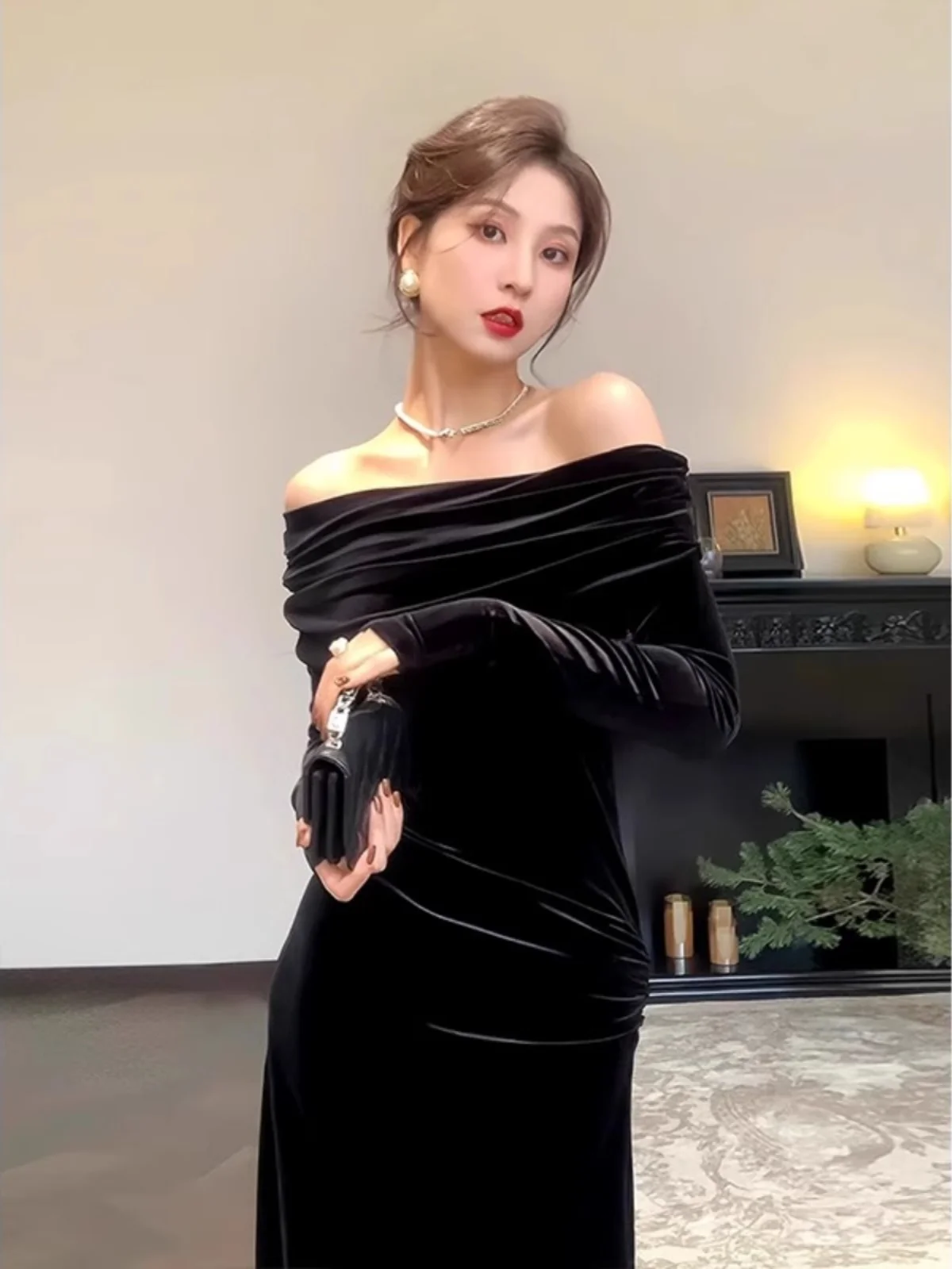 

Ele Velvet One-oulder Dr Women's Faionable Mid-Length Gown for Parties Birthdays Cany Dinners And Daily Wear