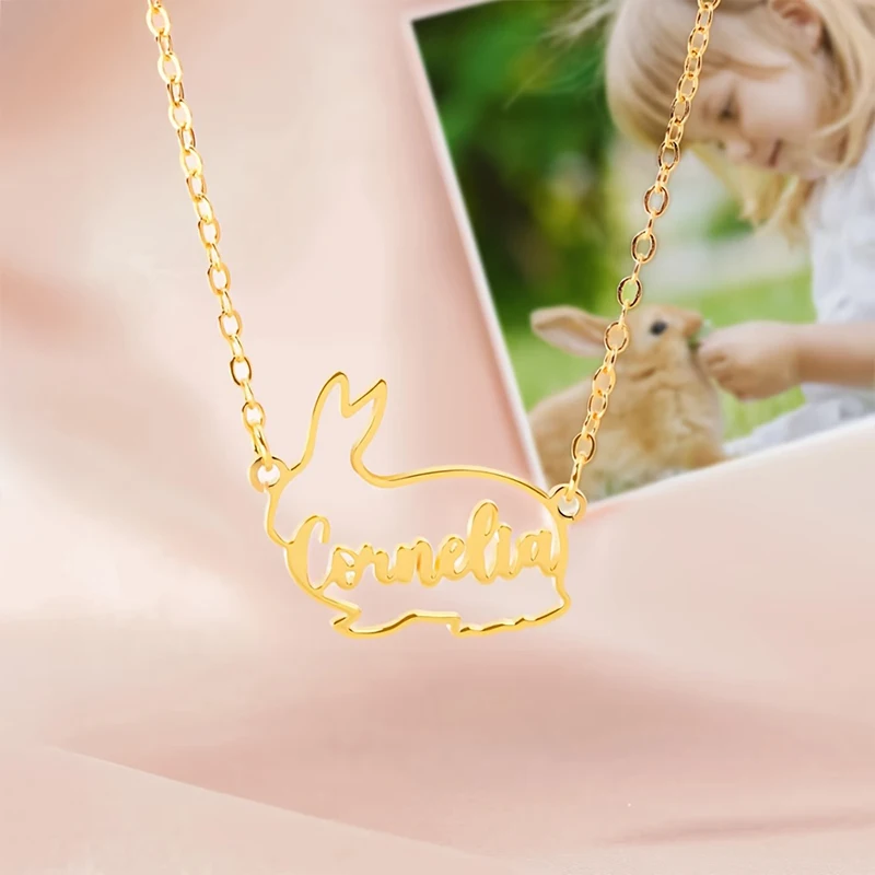 

Custom Gold Rabbit Name Necklace Personalized Cute Rabbit Pendant Necklace Custom Nameplate Stainless Steel Necklace Mom's Gift