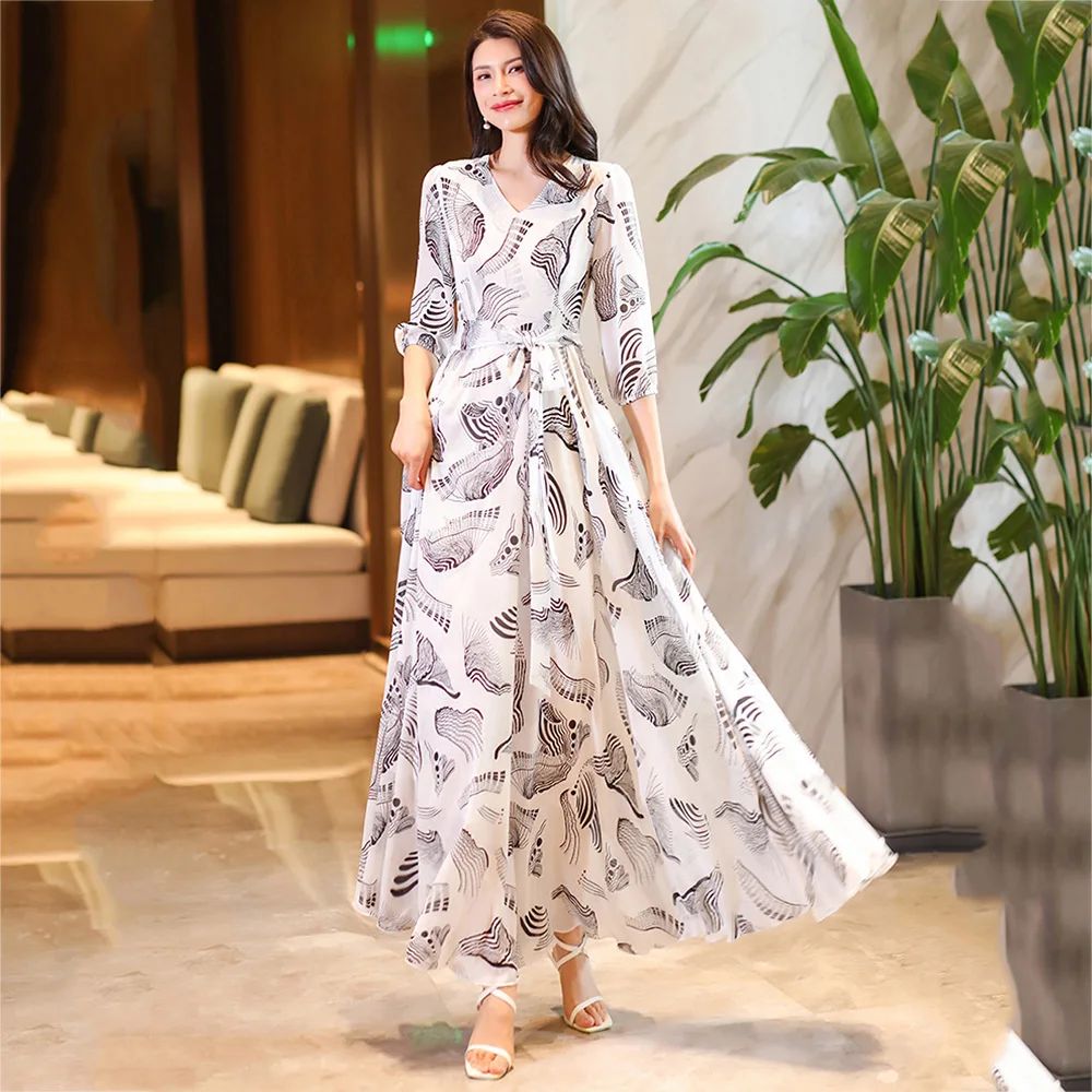 

Women Flowing Beach Long Dress Summer New Fashion V-Neck Lace-up Slim Print Dress Casual Holiday Chiffon Overlength Dress