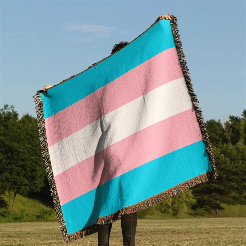 Gaslight Gatekeep Girlboss Transgender Pride Flag LGBT Rainbow Jacquard Fringed Woven Throw Blanket
