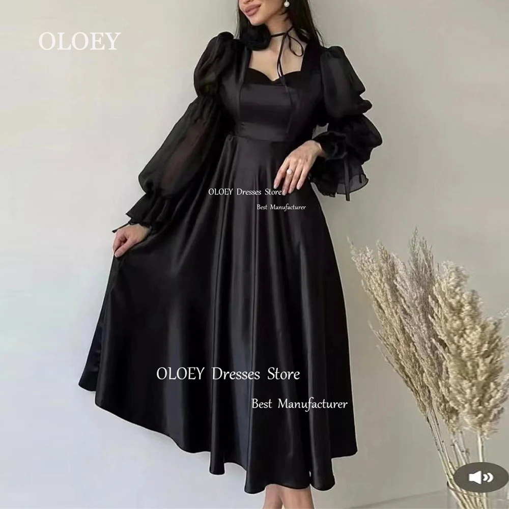 

OLOEY Modest Satin Black Evening Dress Square Collar Pleats Puff Chiffon Long Sleeves Prom Gown Mid-Calf Length Arabic Party