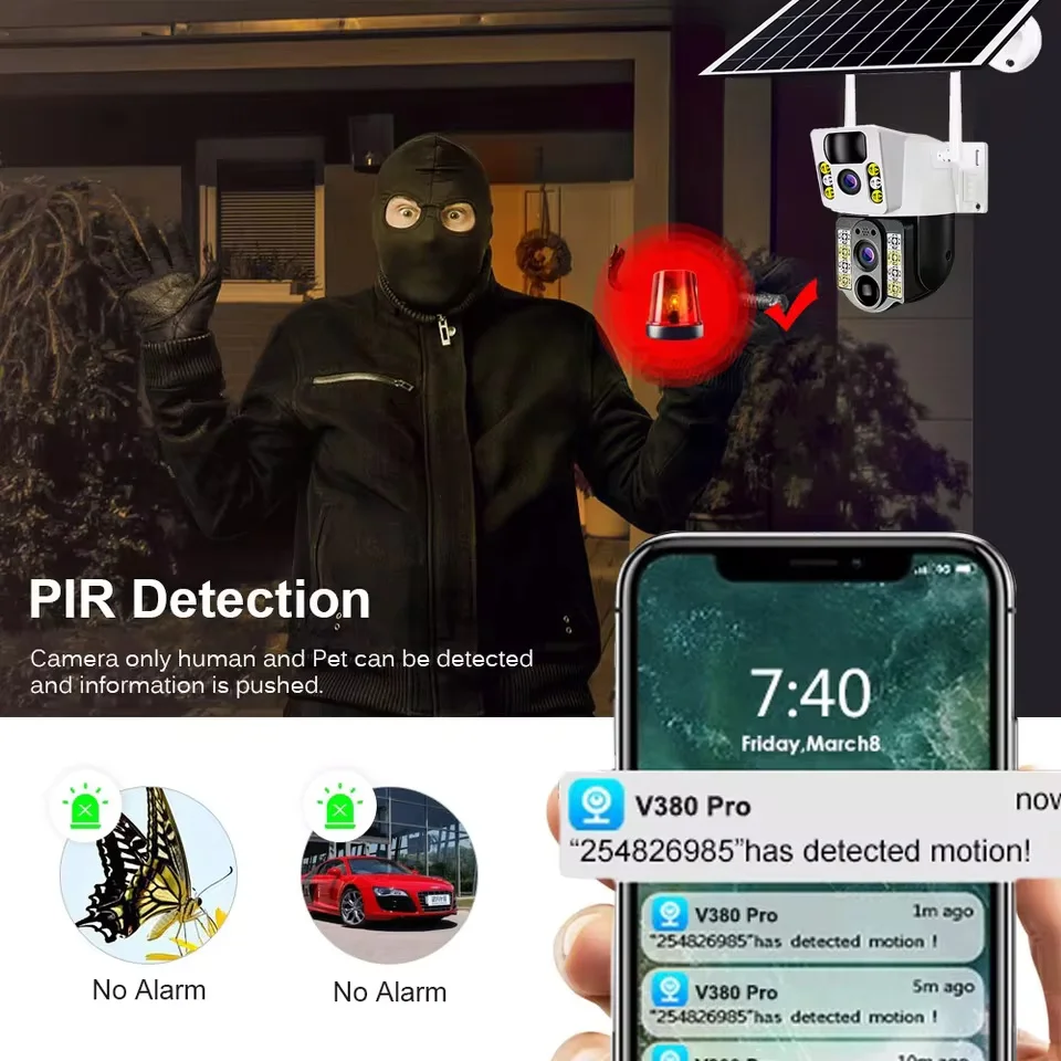 8MP HD كاميرا تعمل بالطاقة الشمسية واي فاي كاميرا IP CCTV 360 درجة مراقبة فيديو مراقبة AI PIR كشف الإنسان تعمل بالطاقة الشمسية في الهواء الطلق IP66