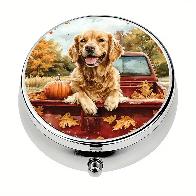 1 three-compartment pill box, autumn golden retriever theme, mini pill container, pill organizer, unique travel gift