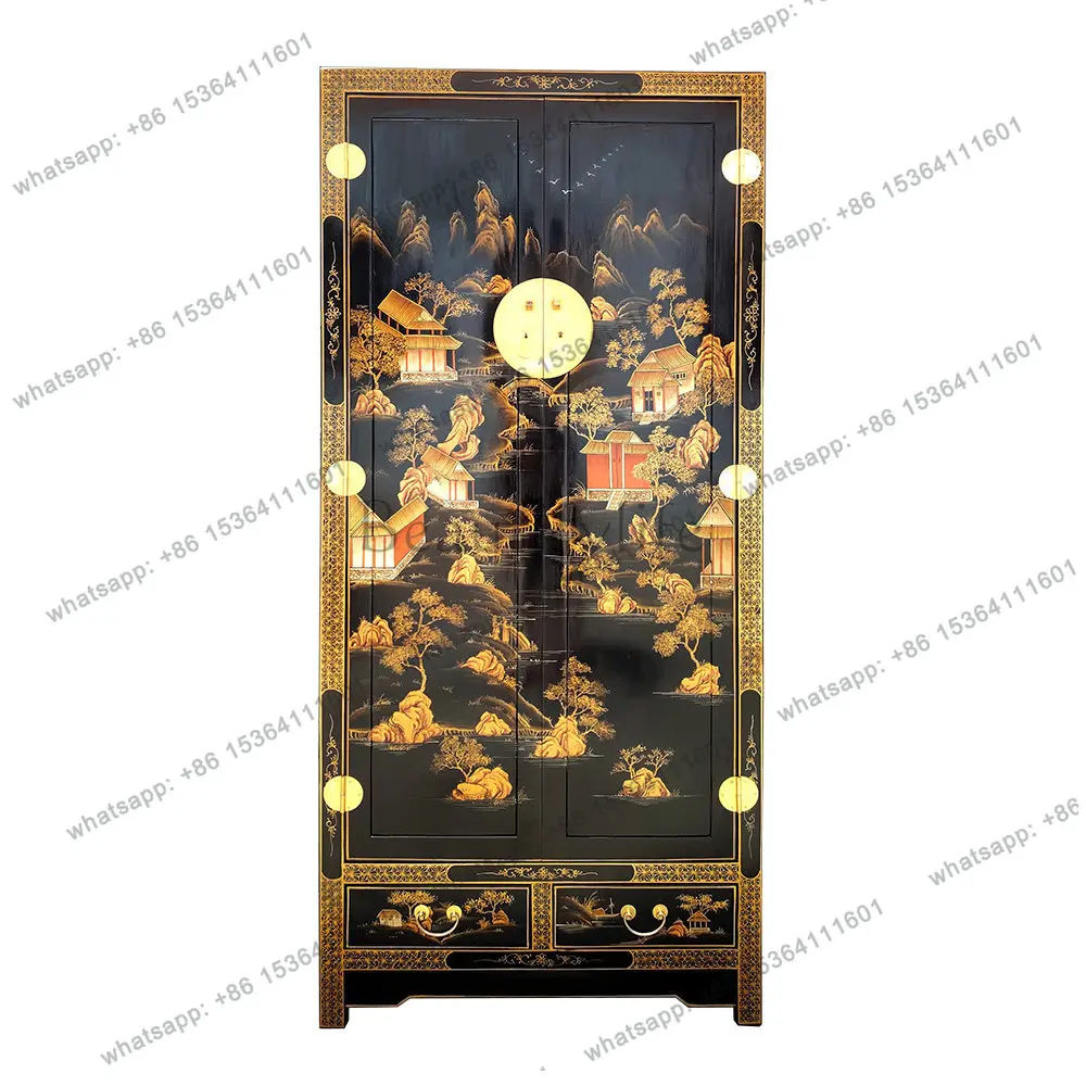 

New Chinese solid wood wardrobe household bedroom locker simple modern hand-painted gold