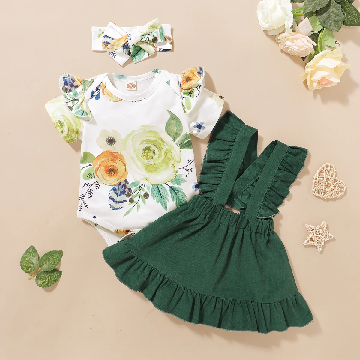 Newborn Baby Girl Clothes Set Cotton Floral Fly Sleeve Romper Solid Ruffle Strap Skirt Bowknot Headband 3 PCS Outfit