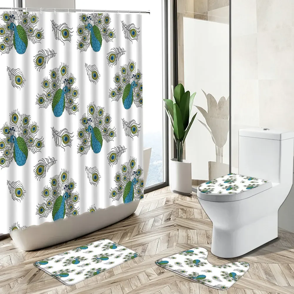 Color Peacocks Feather Print Shower Curtain Plant Flower Butterfly Home Decor Bath Mat Toilet Lid Cover Flannel Bathroom Carpet