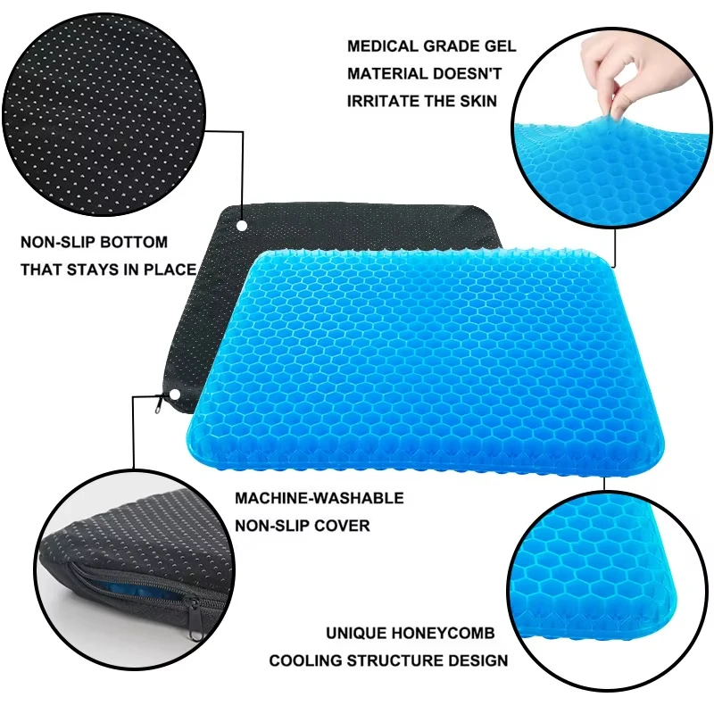Gel Seat Cushion,Honeycomb Design Double Thick Gel,Breathable Lumbar Support Chair Cushion,with Non Slip Cover,Relieving Back