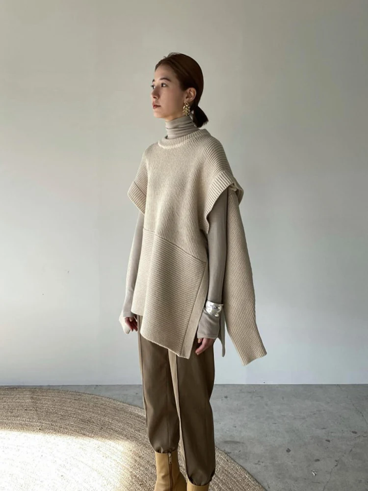 

Removable Sleeve Wool Sweater Vest Two-Way Wear Asymmetric Knitted Women's Fashion Commute Style Long Sleeve round Neck Top