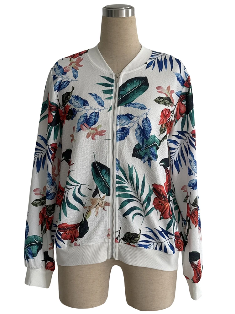 新しい、韓国、スタイル、ルーズ、フラワー、ジャケット、女性、シック、パッチワーク、スタンド、プリント、ジッパー、長袖、コート、トップス、野球、ユニフォーム、カジュアル、58402