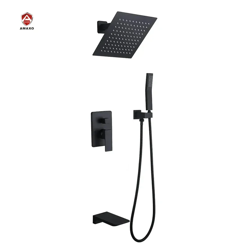 

AMAXO Bathroom Concealed Shower Mixer Black Square Shower Faucet 3 Ways Complete Rainfall System Shower Set