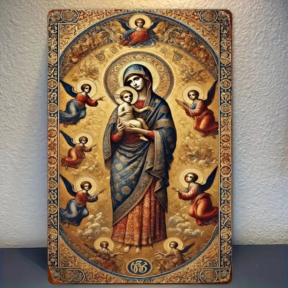 "لافتة قصدير معدنية ذات أيقونة أرثوذكسية روسية - مريم العذراء والسوع الصغير |   ديكور الحائط الروحي للغرف" #1