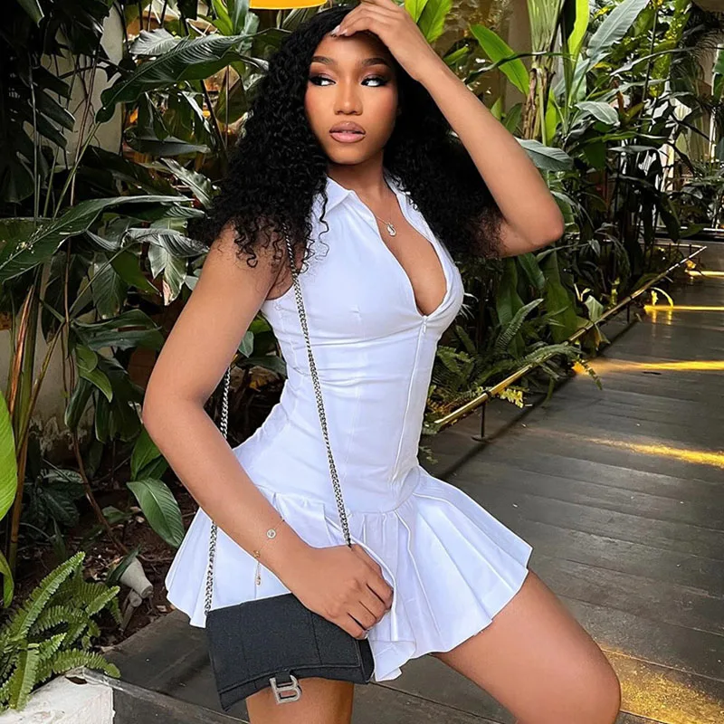

Sexy Sleeveless Zipper Turn-down Collar Pleated Mini Dress for Woman Night Club Party Slim A-line Short Dresses Vestidos Cortos
