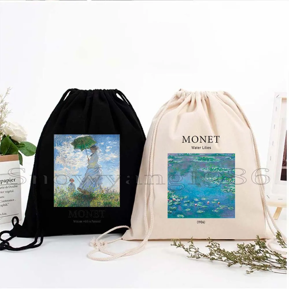 

Claude Monet Water Lilies Garden Landscape Painting Gifts Canvas Drawstring Backpack Sports Gym Sackpack String Bags for Running