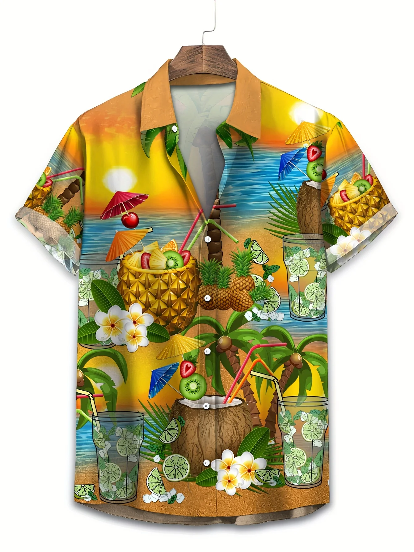 Tropical Men Shirts Sunset Beach Pineapple Coconut Cocktail Plumeria Palm Tree Printed Loose Vacation Short Sleeve Lapel Tops