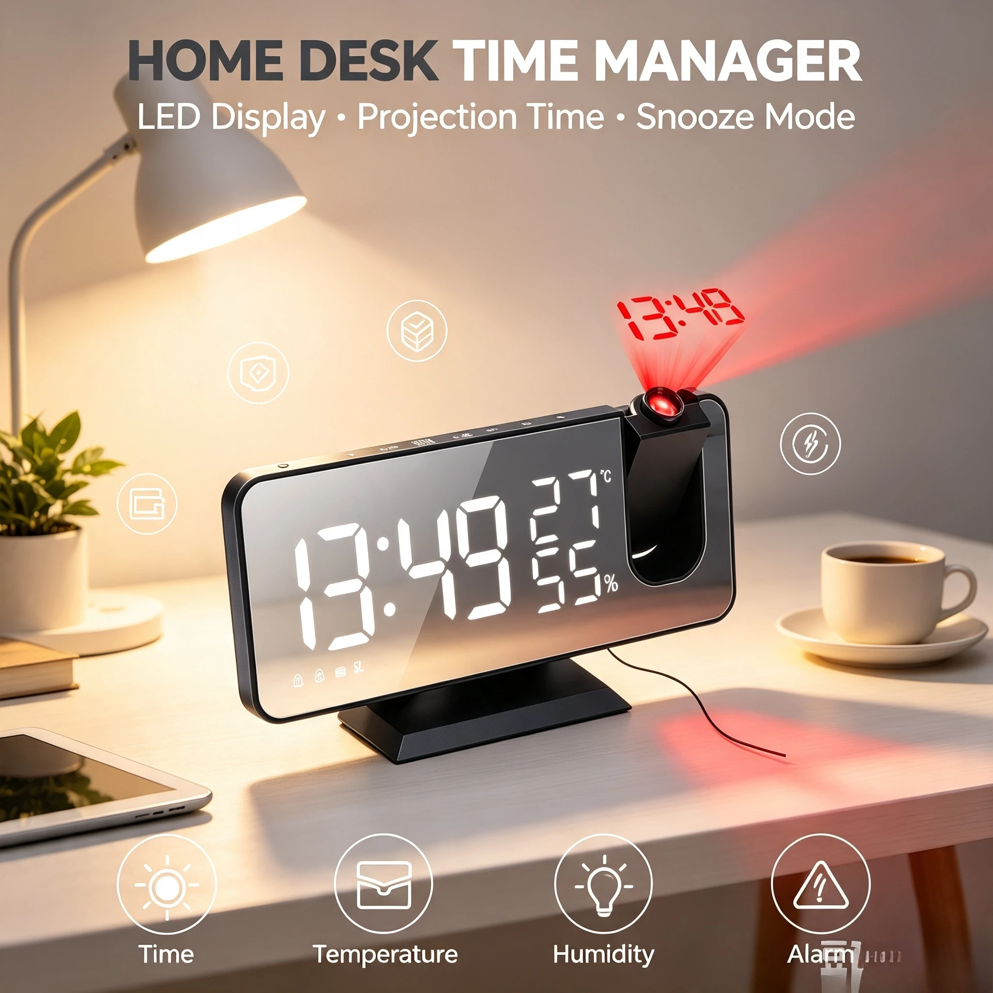 Electronic Desktop Wake Timer 180° Projection LED Radio Snooze Mode USB Powered Timepiece