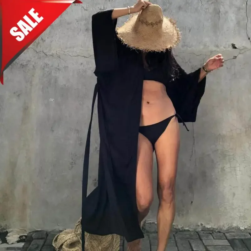 Damesbadpak Bedekt Strandkleding Met Riem Massief Oversized Uitje Bohemian Tuniek Lang Vest Uitverkoop Strandkleding