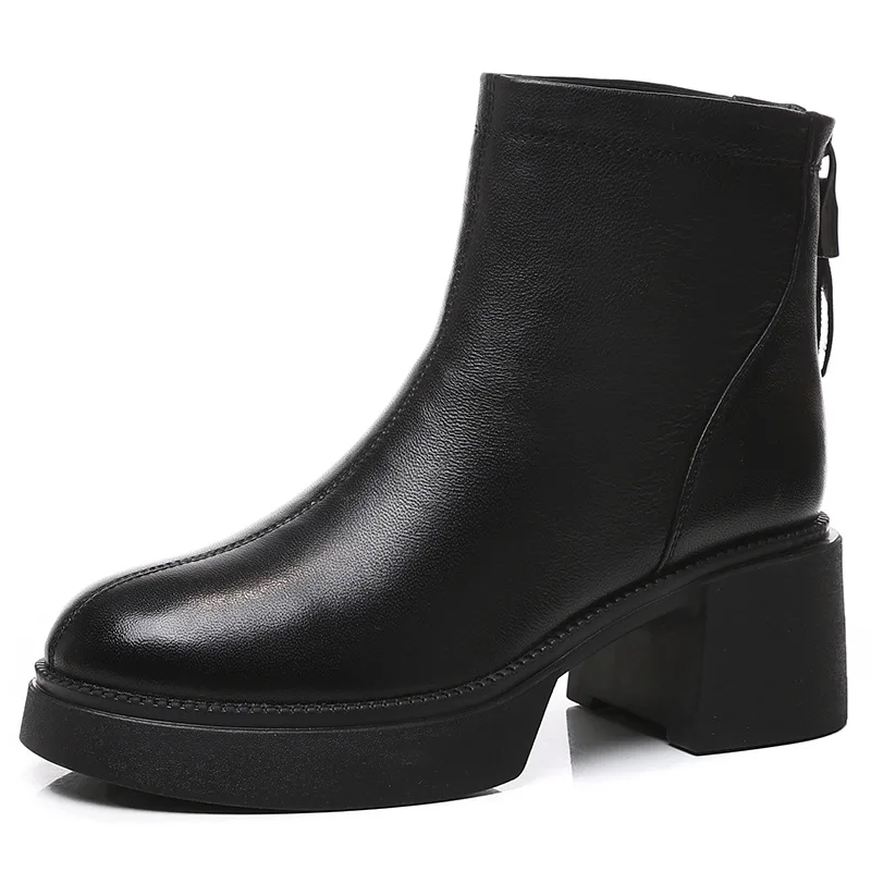 

Зимняя обувь из овчины, женские современные ботинки на высоком каблуке, туфли на каблуке 6 см, модные брендовые женские ботильоны, черные DX633