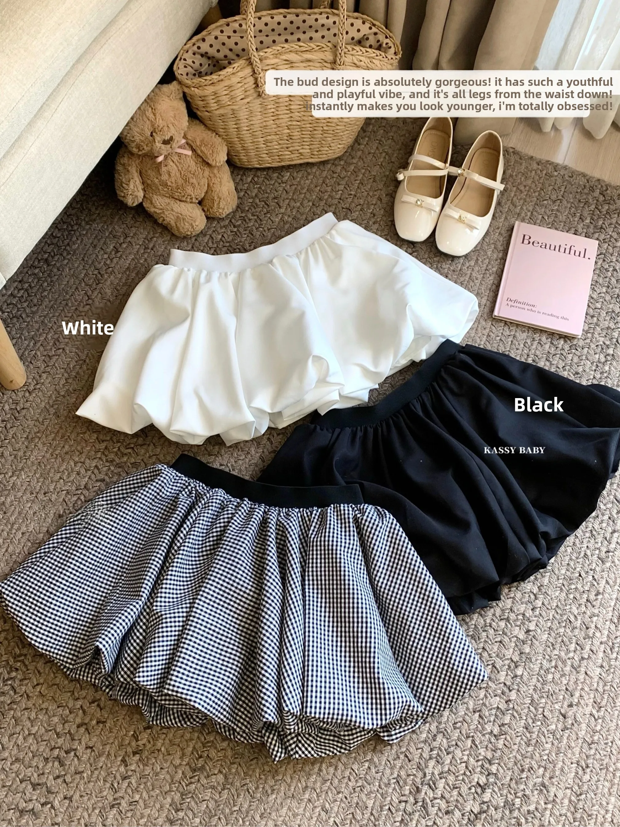White Fluffy A-Line  Skirt Women's Summer High Waist Anti-Light Flower Bud Short Skirt Korean Style Commute Dress