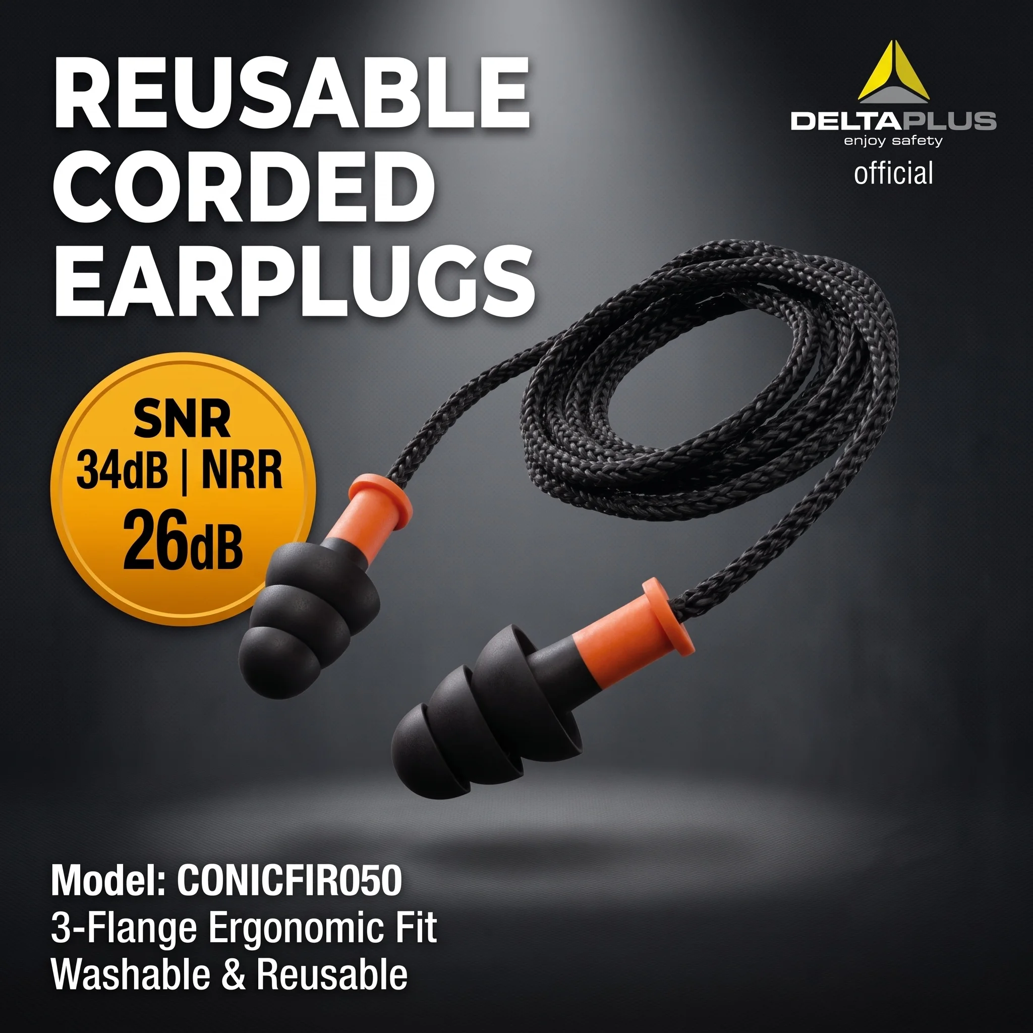 Delta Plus Reusable Corded Ear Plugs Noise Canceling Hearing Protection for Work Sleeping Concerts TPR Noise Reduction Earplugs