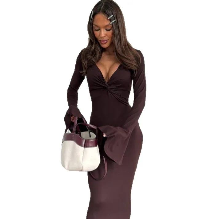 2026 Neue Mode Sexy Elegantes V-Ausschnitt Sommerkleid im Ins-Stil mit Rüschenärmeln und langen Ärmeln für Damen