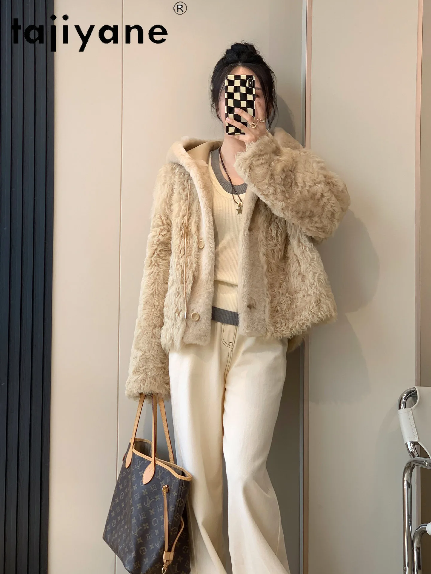 TAJIYANE Real Tuscany Sheepskin with Wool Attached Jacket Women Short Fur Jackets Hooded 2025 New in Coats Winter Woman Clothing