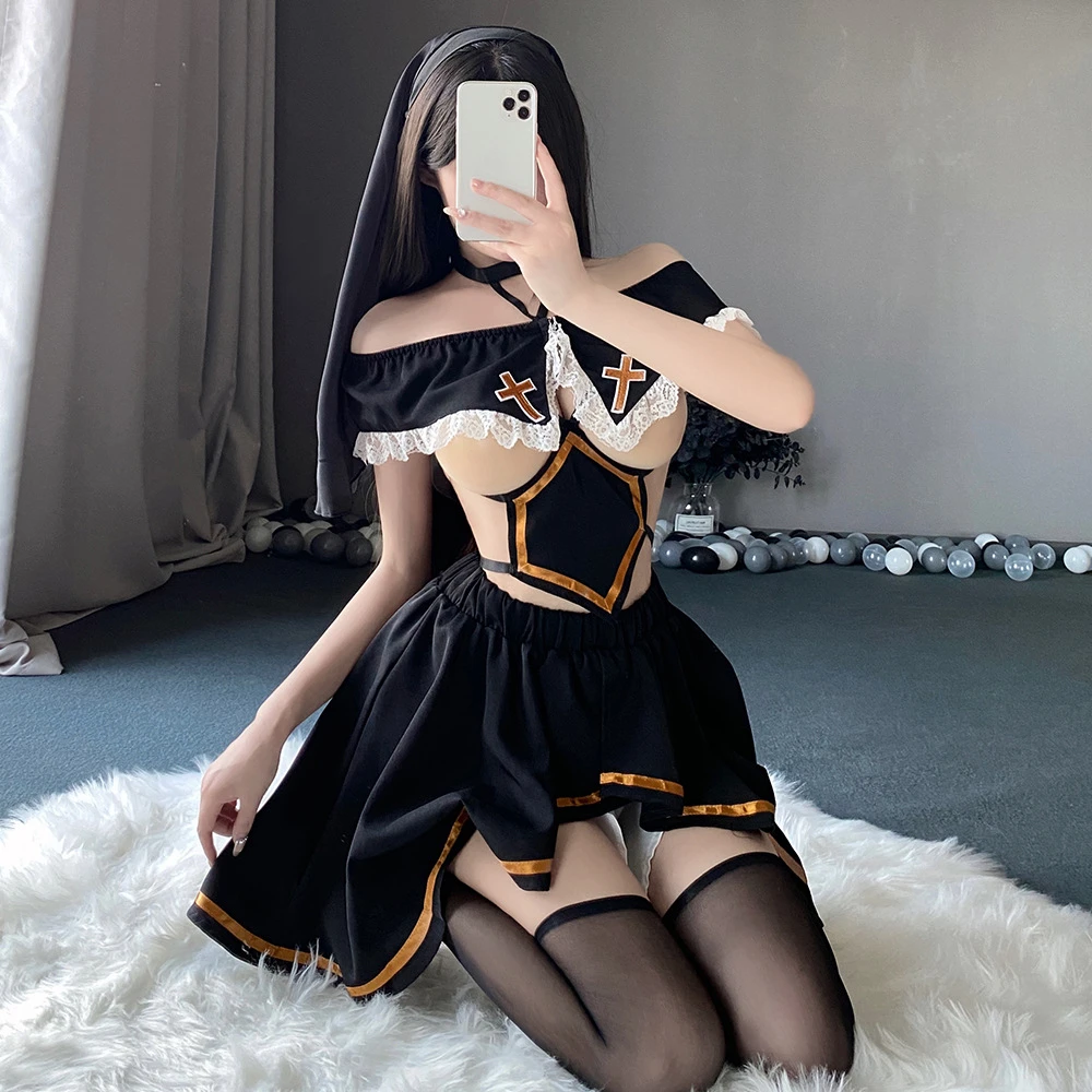 

Women Lingerie Exotic Sets Home Sleeping Nightwear Dress Robe Lace Hollow Out Maid Nun Mother Cosplay Role Play Uniform