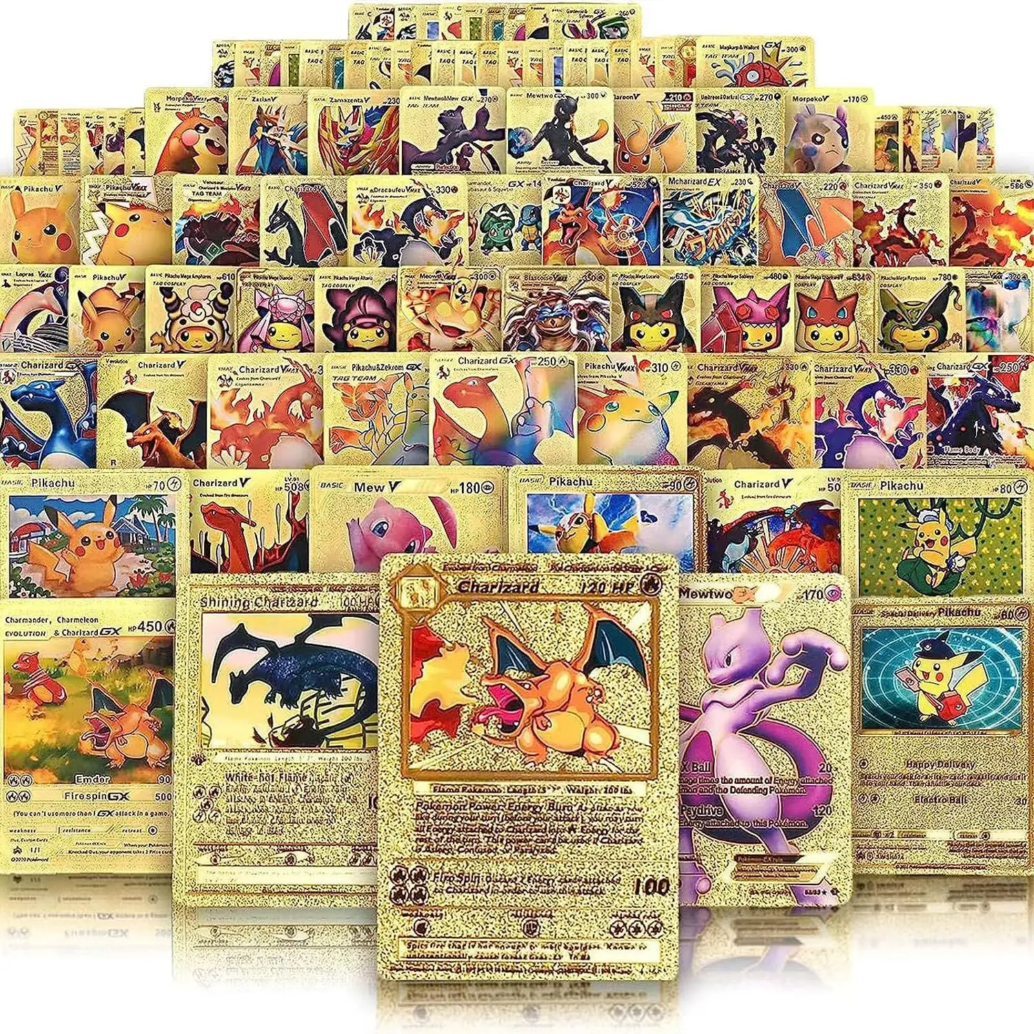 Juego Completo de Tarjetas Pokémon Doradas y Plateadas Brillantes para Niños - Tarjetas Coleccionables Pokémon Holo Raras Sin Repetición, Regalo