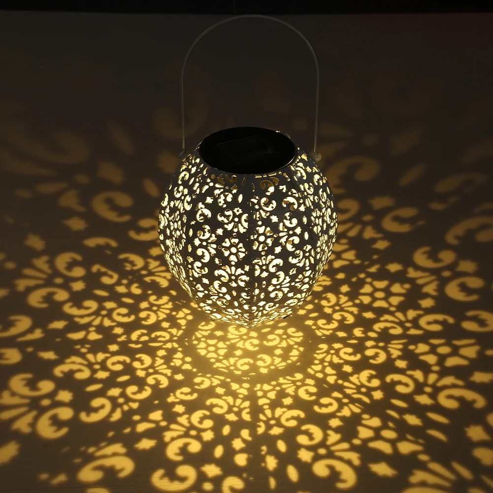 LED Solar Lantern Light Wrought Iron Hollow Lantern Projection Lamp Outdoor Waterproof Hanging Light Garden Yard Art Decoration