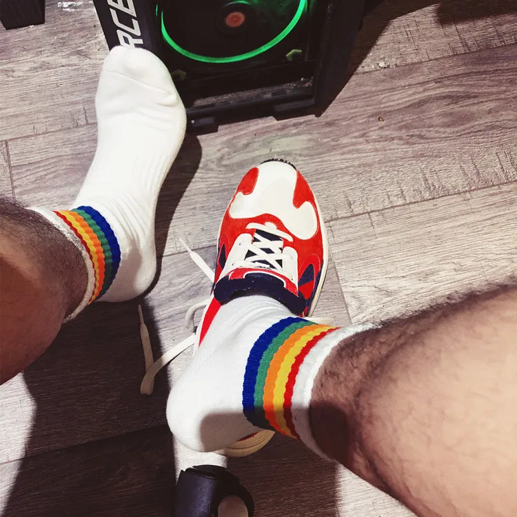 Rainbow Stripes Gay Sexy Trend Fashion Popular Solid Color Sports Socks Cotton Towel Bottom Thickened Medium Tube Men's Socks