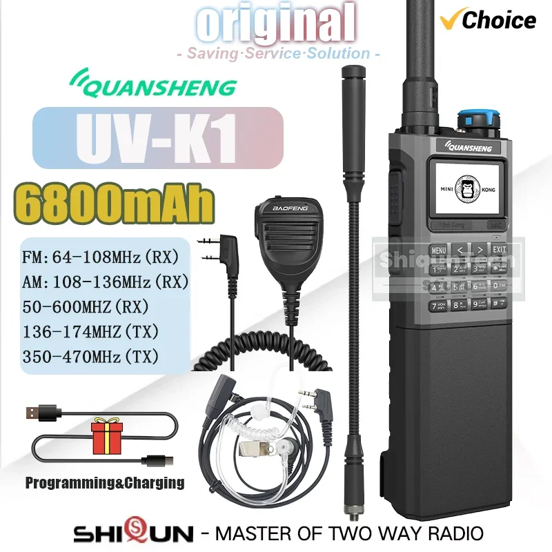Quansheng UV-K1 Mini Walkie Talkie 6800mAh 50-600MHz Full Band Receiver 2MB Flash Long Range Portable Radio For Camping Hunting