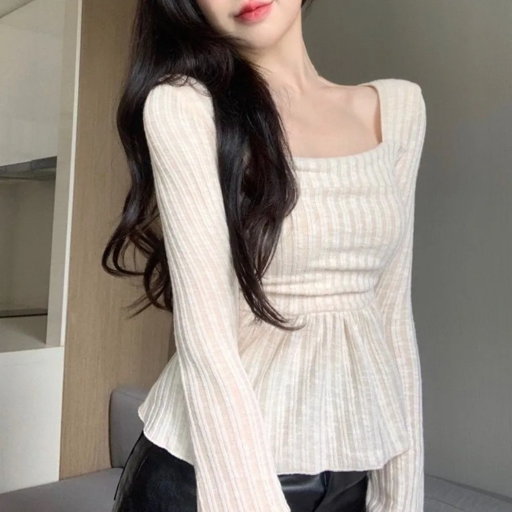 

All-Match Pleat Hem Sweet Slim Tops Square Neck Solid Color Long Sleeve T-shirt Thin Bottoming Shirt Long Knitted Top Women