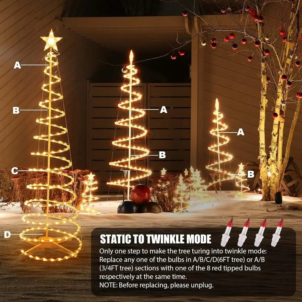 أضواء شجرة عيد الميلاد الحلزونية الخارجية، 3-6 أقدام، 7 نجوم، معتمدة من UL، قابلة للطي، بيضاء دافئة لقضاء العطلات وحفلات الزفاف ديسمبر