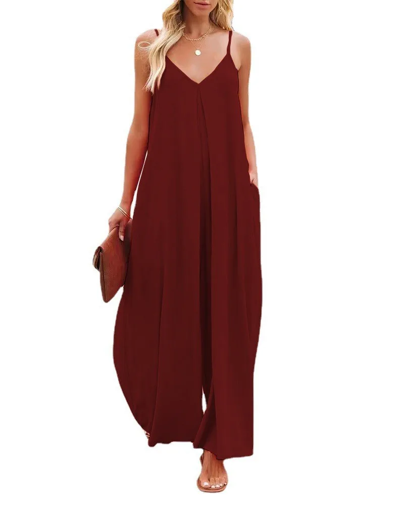 Suspender wide leg pants for women in the summer of 2024, new fashionable and sexy solid color pocket casual jumpsuit