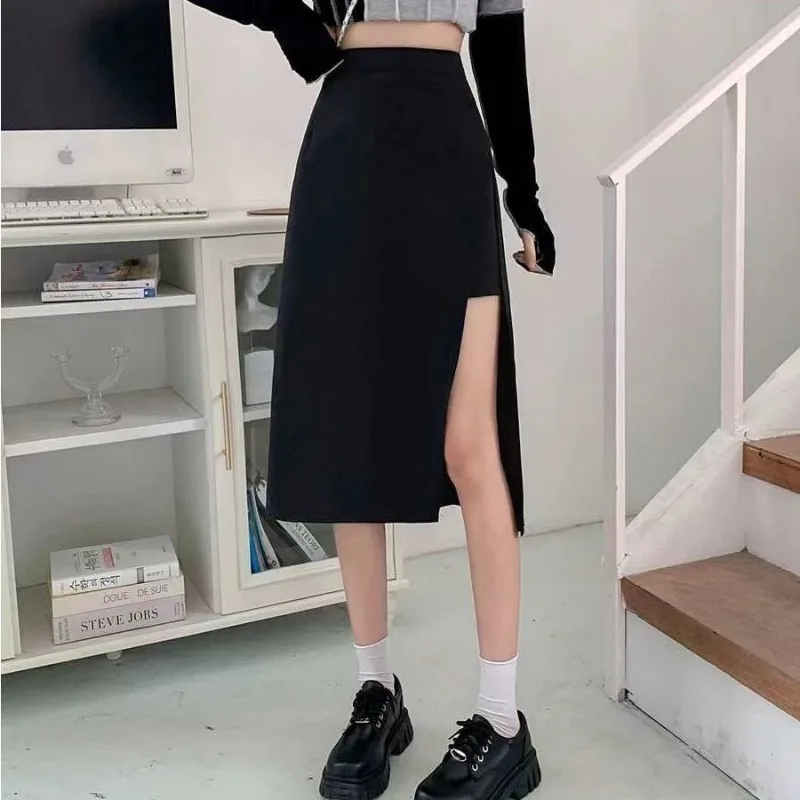 Chic Design Skirts for Women Side-slit Summer Clothing Ladies All-match Black Simple Fashion High Waist Casual New Solid A-line