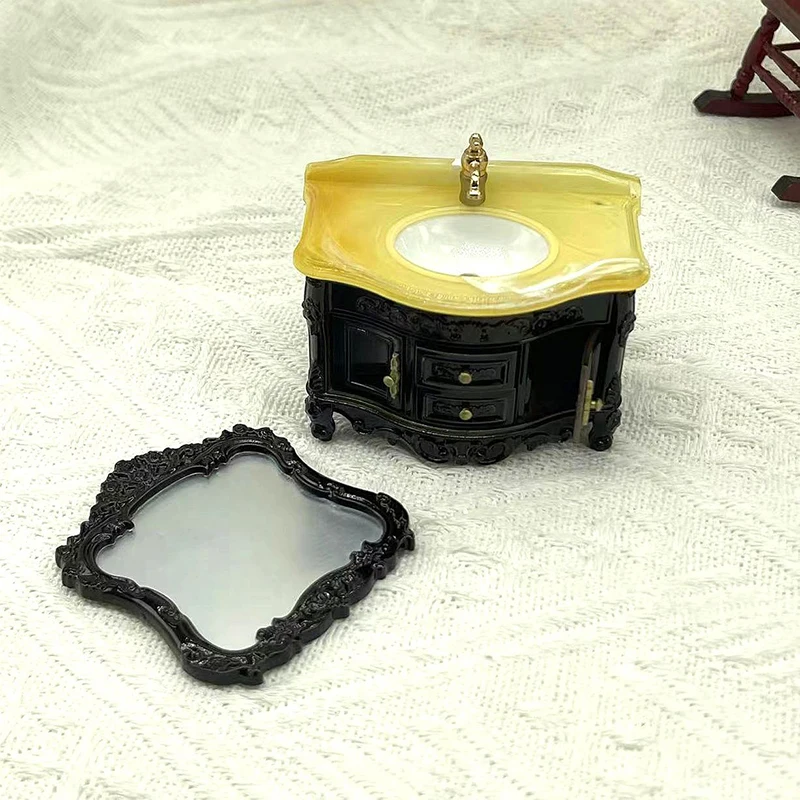 Dollhouse Mini Furniture Basin Sink Mirror Mini Bathroom Scene Home Washbasin Toy Ornament For Doll House Decoration Accessories