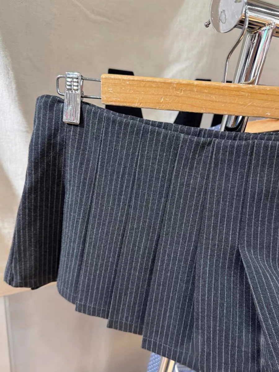 Gray Striped Mini Pleated Skirt Women Summer Buttons Low Waist A-line Short Falda Bottom Preppy Style Casual Sweet Cotton Skirts