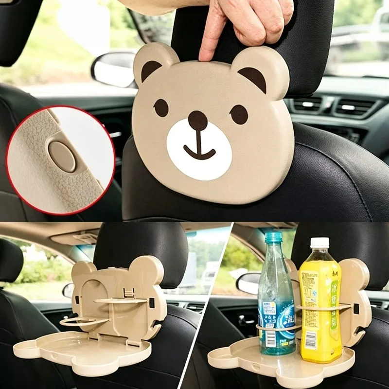 Cartoon Bear Car Seat Tray Foldable Kids Dining Table Snack Drink Cup Holder Plate Backseat Organizer Auto Travel