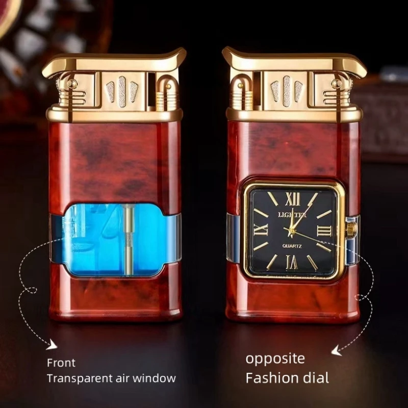 New Creative True Watch Windproof Jet Blue Fire Cigar Lighter Visible Gas Window Press One Button to Ignite Butane Gas Lighters