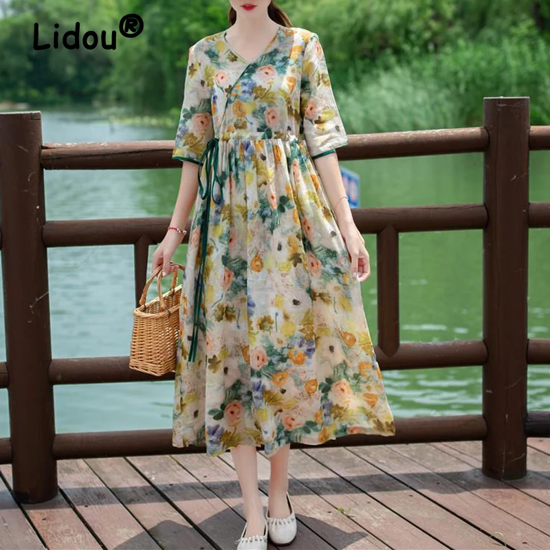 Women Vintage Floral Print Lace Up Elegant Cotton Linen Dresses Summer Fashion V Neck Short Sleeve Loose Vacation Dress Vestidos