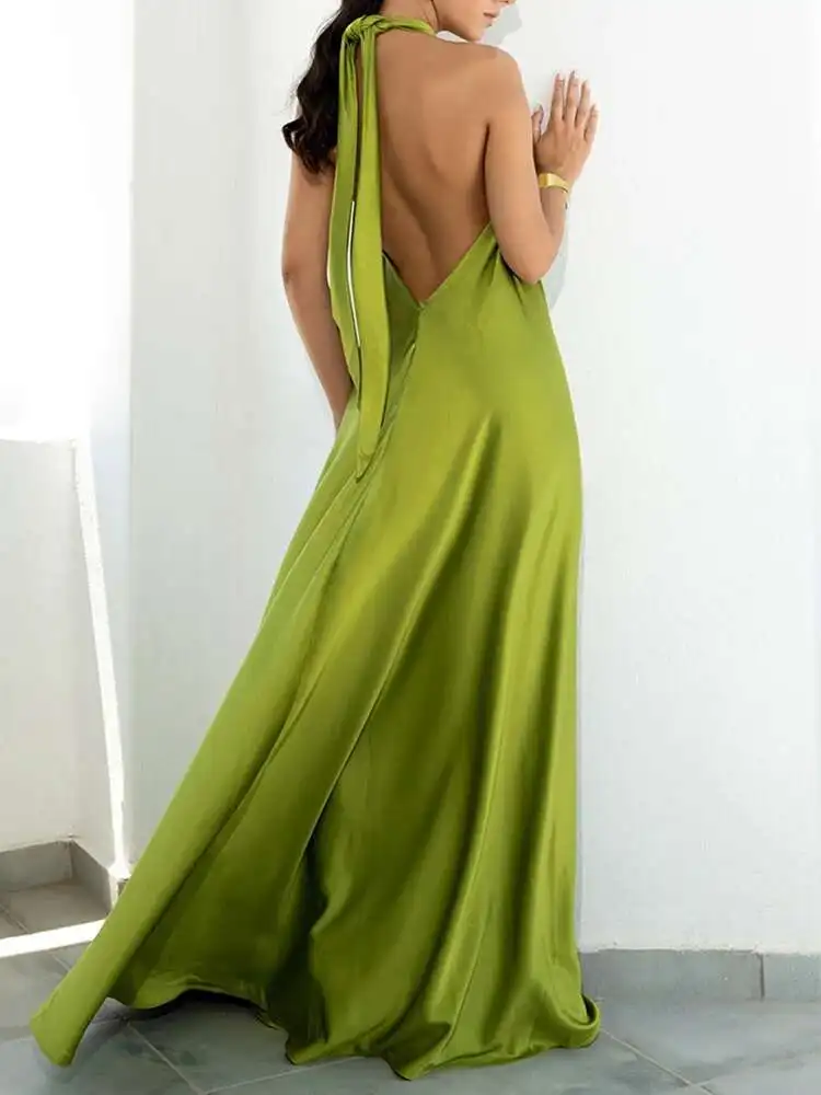 أنيقة المرأة الصلبة ماكسي الشاطئ مثير BabYoung الرقبة عارية الذراعين سيدة حفلة 2025 الصيف بلا أكمام فستان طويل فضفاض Vestidos