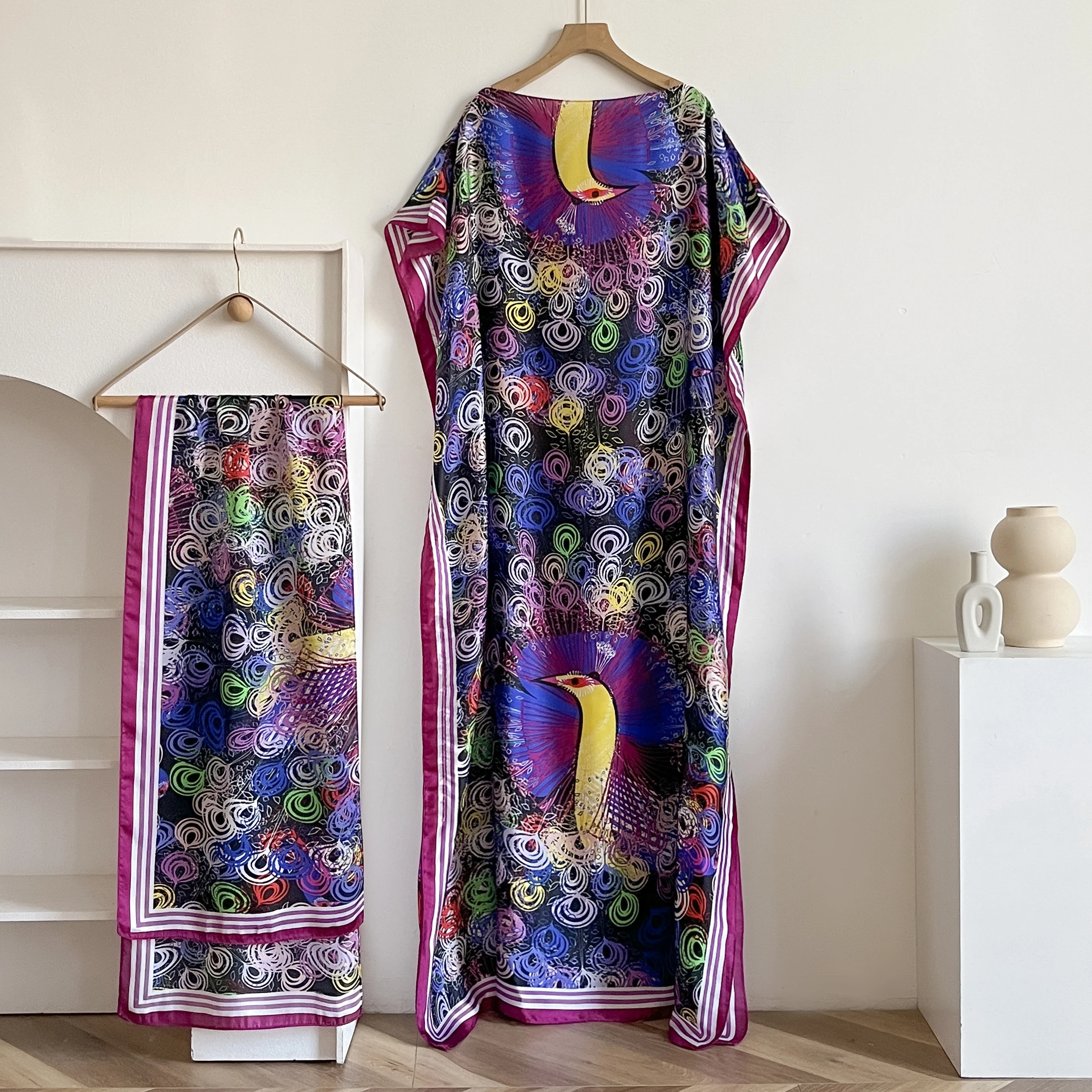Summer New Fashion African Printed Silk Kaftan Dress for Women Elegant Long Hijab Muslim Lady Oversize Kuwait Abaya