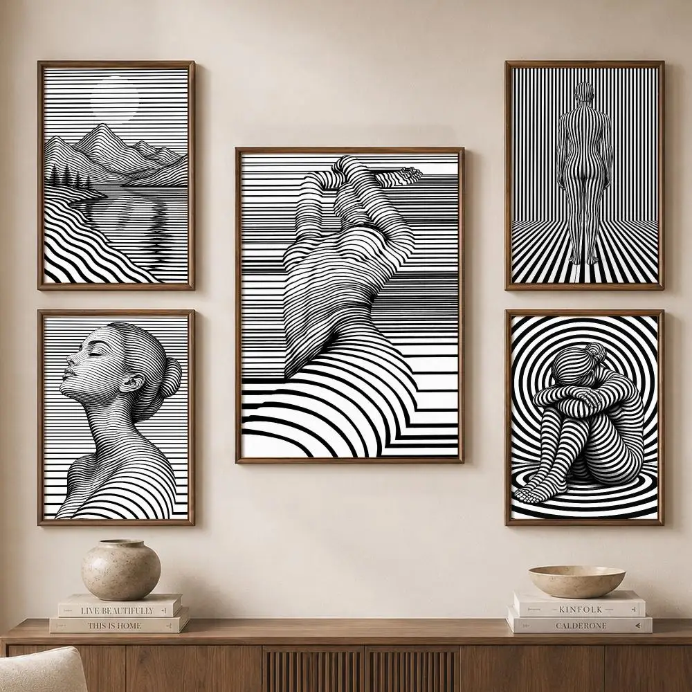 Black White Optical Illusion Lines Surreal Portrait Abstract Poster Modern Aesthetic Wall Art for Home Bar Cafe Bathroom Decor